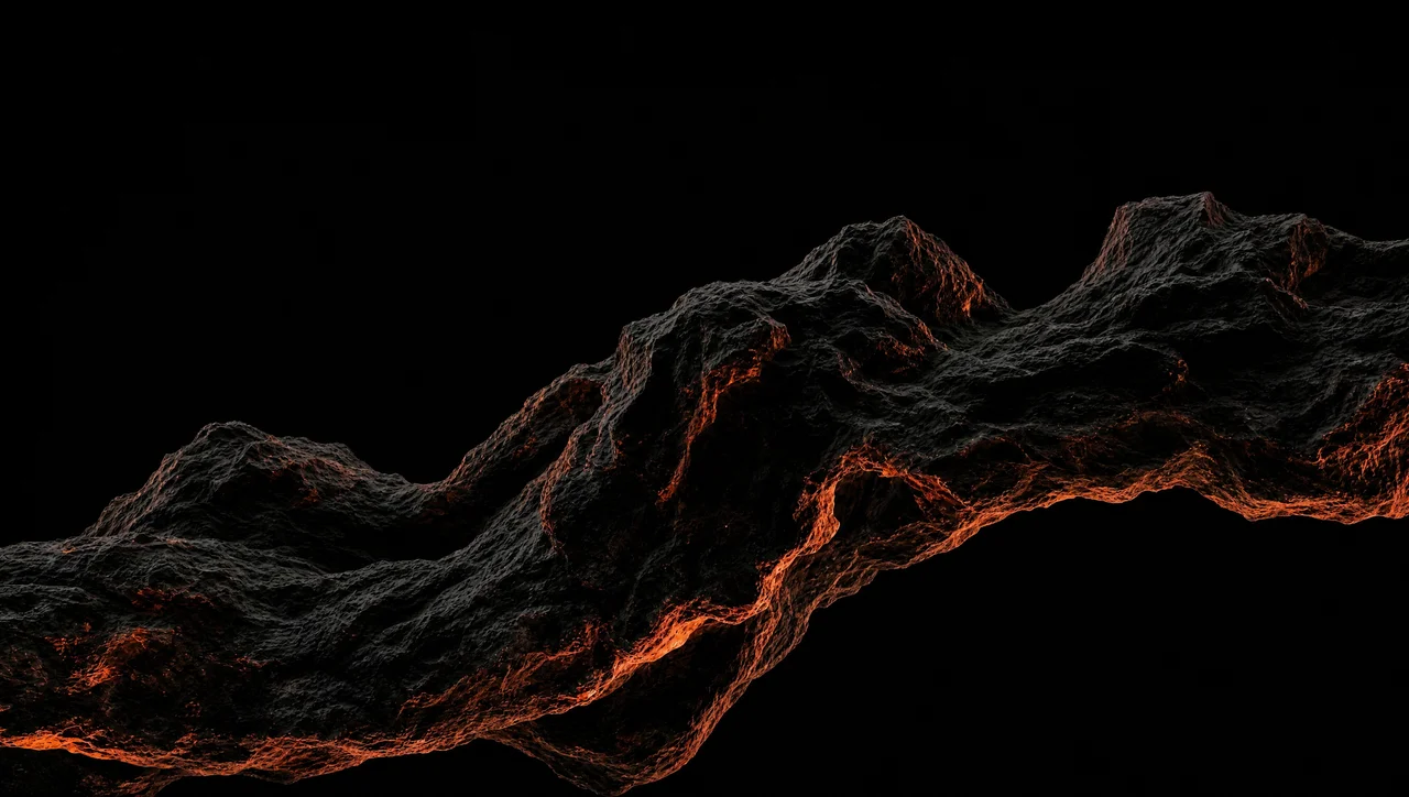 Barren rock ridge lit from below by an ember glow against a black sky